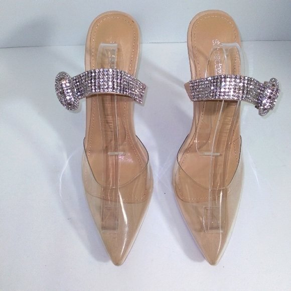 Rhinestone Buckle Strap Nude & Clear Slide On Heels Women's Size 10- NWOT - Picture 6 of 10